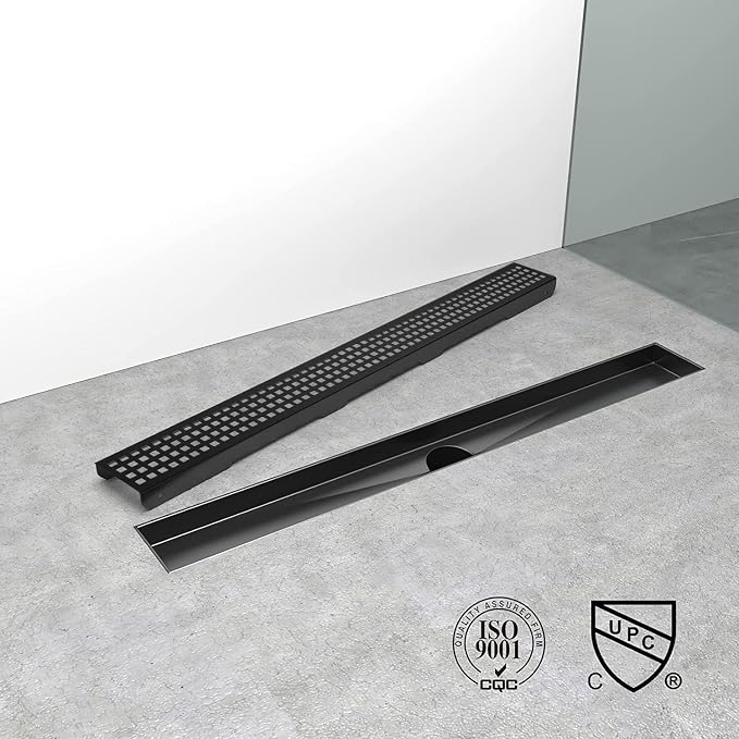 Linear Shower Drain, 72 inch Black Drain with Removable Grate Cover, Brushed 304 Stainless Steel Shower Floor Drain, Linear Drain with Hair Strainer and Adjustable Feet