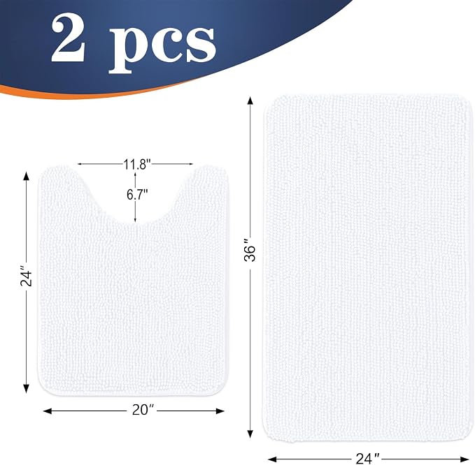 OLANLY Chenille Bathroom Rugs Mats Sets 2 Piece, 36"x24"+24"x20", White | Soft Absorbent Bath Mat and U-Shaped Contour Toilet Rug Set, Quick Dry, Machine Washable Bath Carpet, Home Decor Accessories