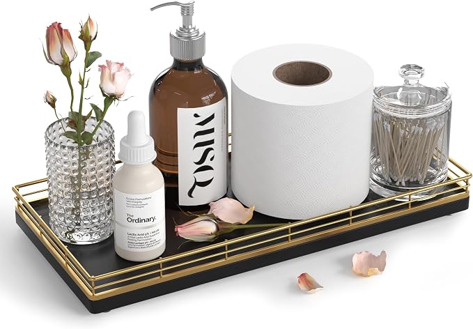 Oak Bathroom Toilet Tank Tray, 13" Paper Storage Basket Tray Back of Toilet Basket Organizer, for Perfume Makeup Candle Kitchen Counter Coffee Table Gold Decor