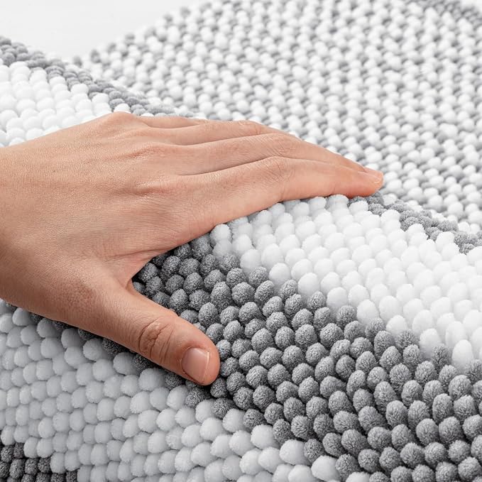 Bathroom Rugs, 20x32 Chenille Bath Mats, Light Grey | Extra Soft Absorbent, Non Slip Striped, Quick Dry Machine Washable, Modern, Shower Rug for Bathroom Bedroom Decor
