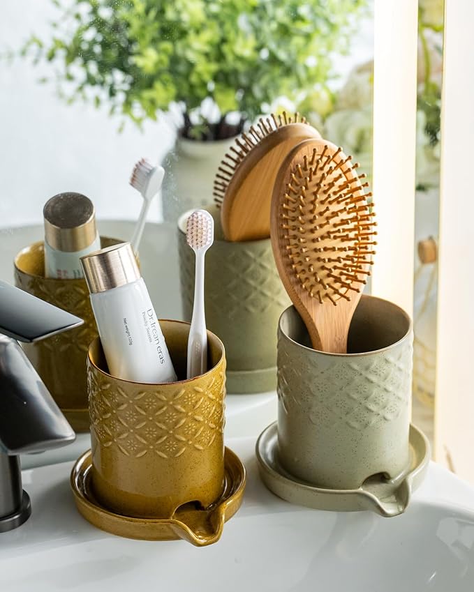 Zoeeker Toothbrush Holders for Bathrooms, Self-draining Toothbrush Holder | Ceramic Electric Toothbrush and Toothpaste Holders Countertop Organizers and Storage for Shower, Vanity, Pen Holder, Green