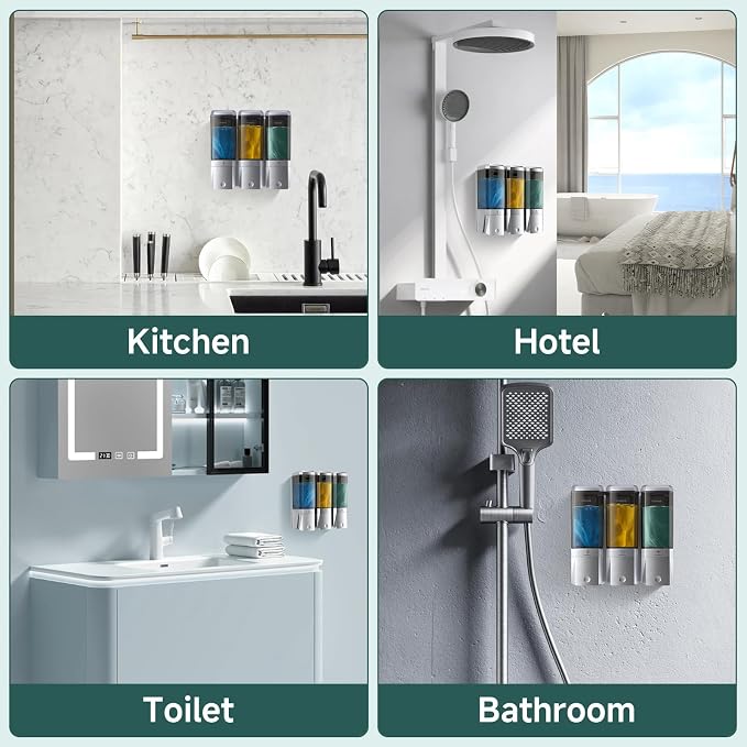 Shampoo and Conditioner Dispenser Wall Mounted No Drill, Shower Soap Dispenser 3 Chamber Shampoo Conditioner Body Wash Refillable 3 * 17oz Shower Soap Dispenser for Bathroom Hotel, Silver+Smoke Gray