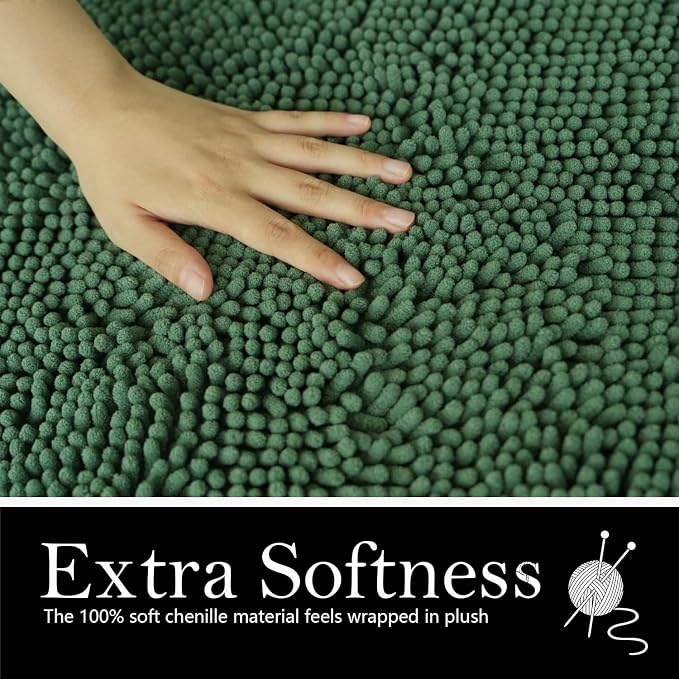 Bathroom Rugs Chenille Bath mat 2 Piece Set, Super Absorbent, PVC Non Slip Backing, Bath mats for Bathroom, Plush Shaggy, Thick, Machine Washable, Bathtub, Shower, Toilet.(Deep Green)