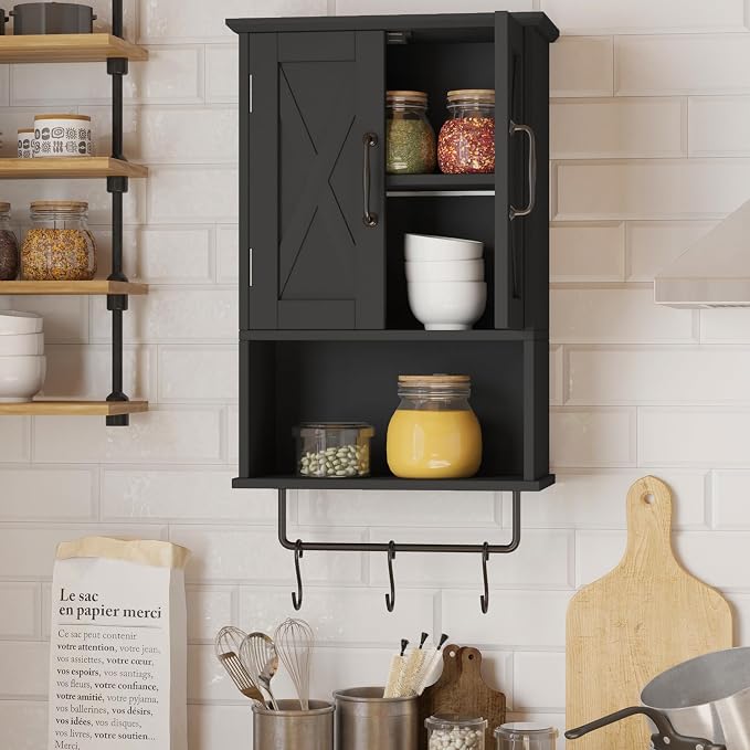 ChooChoo Farmhouse Medicine Cabinet, Bathroom Wall Cabinet with Adjustable Shelf, Towel Bar, 3 Hooks, Over The Toilet Storage Cabinet for Bathroom, Kitchen, 19.3''L, Black