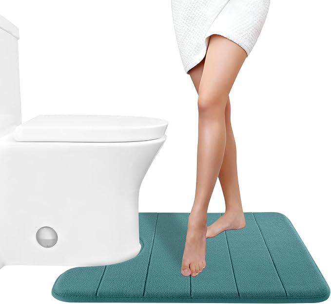 Yimobra Memory Foam Toilet Bath Mat U-Shaped, Soft and Comfortable, Water Absorption, Non-Slip, Thick, Machine Wash, Easier to Dry for Bathroom Commode Contour Rug, 24 X 20 Inch, Teal