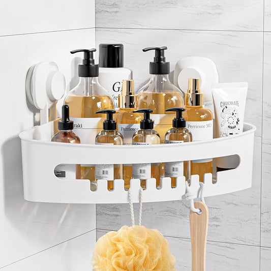 LUXEAR Corner Shower Caddy Suction Cup No-Drilling Removable Shower Caddy Basket Powerful Suction Bathroom Shower Shelf Waterproof & Rustproof Organizer for Bathroom Storage - White