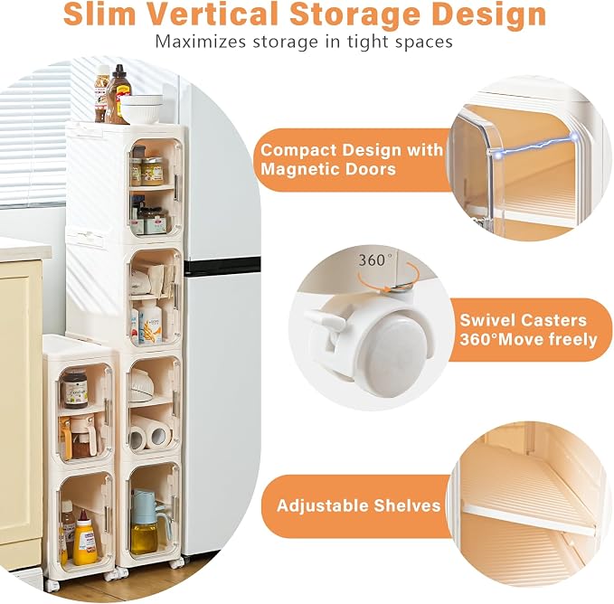 4-Tier Slim Bathroom Storage Cabinet, Tall Narrow Storage Cabinet with Movable Wheels, Adjustable Shelves, Skinny Bathroom Storage Organizer for Small Space, Bathroom, Kitchen, Laundry, Cream White
