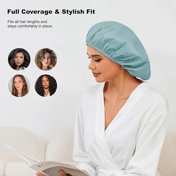 2 Pack Shower Caps for Women, Reusable Waterproof Shower Cap with Elastic Band, Thickened Waterproof Fabric Shower Bonnet for Braids, Long Hair