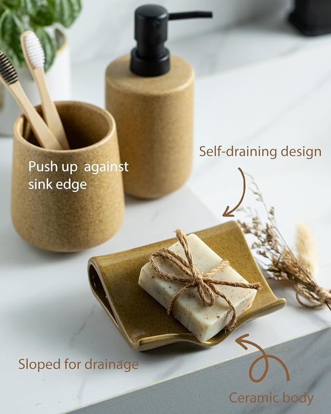 Zoeeker Ceramic Soap Dish for Shower, Bar Soap Holder with Drain Spout | Self Draining Soap Saver for Bathroom Kitchen Sink Bathtub, Sponge Holder, Waterfall Drying Tray Extends Soap Life, Yellow