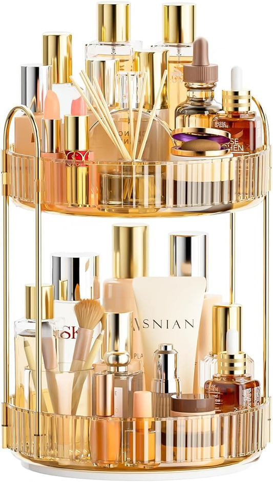 Bathroom Organizer Countertop, Rotating Makeup Organizer for Vanity, 2-Tier Make Up Organizers and Storage, Vanity Tray Shelf for Cosmetic, Skin Care, Lotions (Champagne Gold)