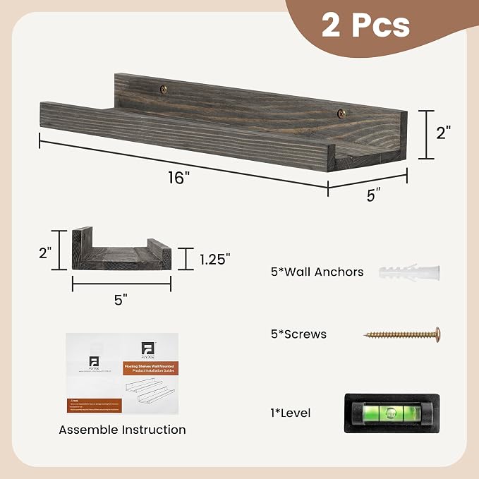 FLYJOE Picture Ledge Wall Shelves 16 inch Width Set of 2, Solid Pine Wood Rustic Floating Ledge Shelves for Wall for Kids' Room Bedroom Kitchen Bathroom Living Room Nursery Display Wall Decor, Grey