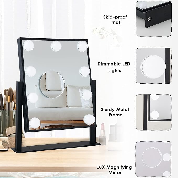 BWLLNI Vanity Mirror with Lights, Black Makeup Mirror with 9 LED Bulbs | Hollywood Mirror Touch Control Design 3 Colors Dimmable Bulbs Detachable 10X Magnification 360°Rotation