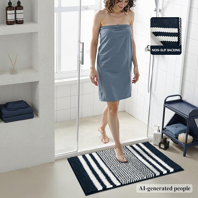 Bathroom Rugs, 20x32 Chenille Bath Mats, Navy Blue | Extra Soft Absorbent, Non Slip Striped, Quick Dry Machine Washable, Modern, Shower Rug for Bathroom Bedroom Decor