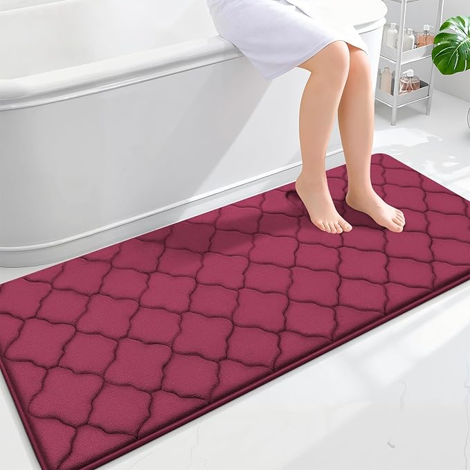 OLANLY Memory Foam Bath Mat Rug 59x24, Ultra Soft and Absorbent Bathroom Rugs, Non-Slip, Comfortable, Machine Washable Bath Carpet for Bathroom Floor, Tub, Shower and Home Decor Accessories, Burgundy | Thick Absorbent Carpet, Non-Slip Backing, Machine ...