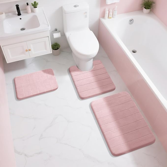 Yimobra Memory Foam Toilet Bath Mat U-Shaped, 24 X 20 Inches,Soft and Comfortable, Super Water Absorption, Non-Slip, Machine Wash and Easier to Dry for Bathroom Commode Contour Rug, Pink