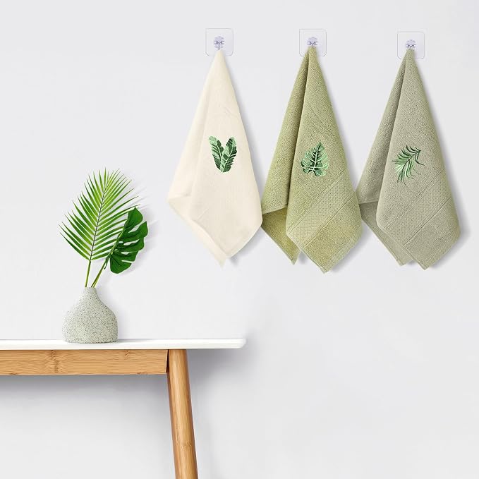 3 Pcs Sage Green Hand Towels Tropical Bathroom Kitchen Decor | Embroidered Tropical Leaves Design, 100% Cotton, Summer Bathroom Kitchen Decor, Absorbent Towels, Holiday Housewarming Gifts