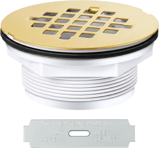 Enhon 4.25" OD Shower Drain Assembly, Snap in Shower Base Drain and Round Grid Strainer Cover, Fits 2 in. Schedule 40 ABS and PVC Pipes, Stainless Steel Cap, ABS Base(Golden,1 Pack)