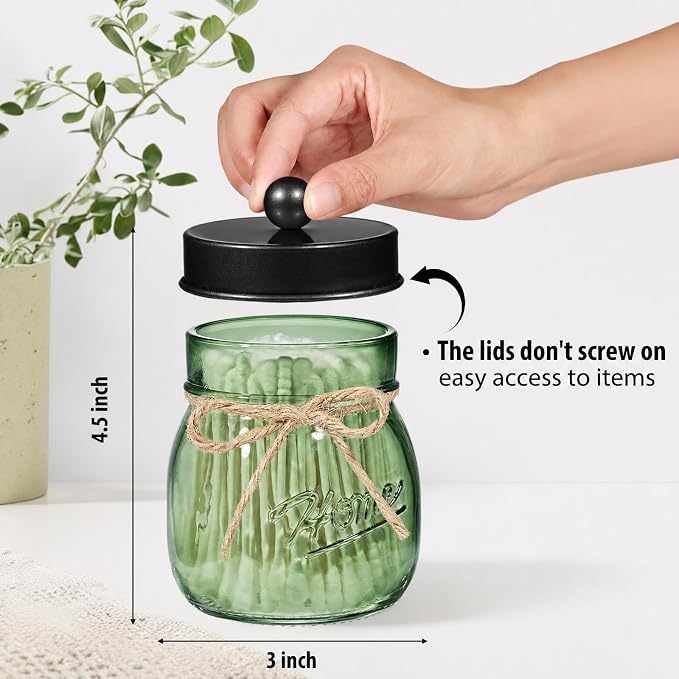 SheeChung 3 Pack Green Glass Mason Jar Qtip Holder Dispenser, Black Lids | Apothecary Jar Canisters Set,Stainless Steel Lids,Small Bathroom Jars,Vanity Storage Organizer for Cotton Swab,Ball,Pad,Floss
