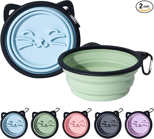 2Pack Silicone Collapsible Dog Bowls, Cute Pet Ear Shape and Cat Graphic Travel Water Bowl Full of Pet Atmosphere 25oz Portable Feeder for Small Large Dog Walking Hiking Camping (Light Blue and Green)