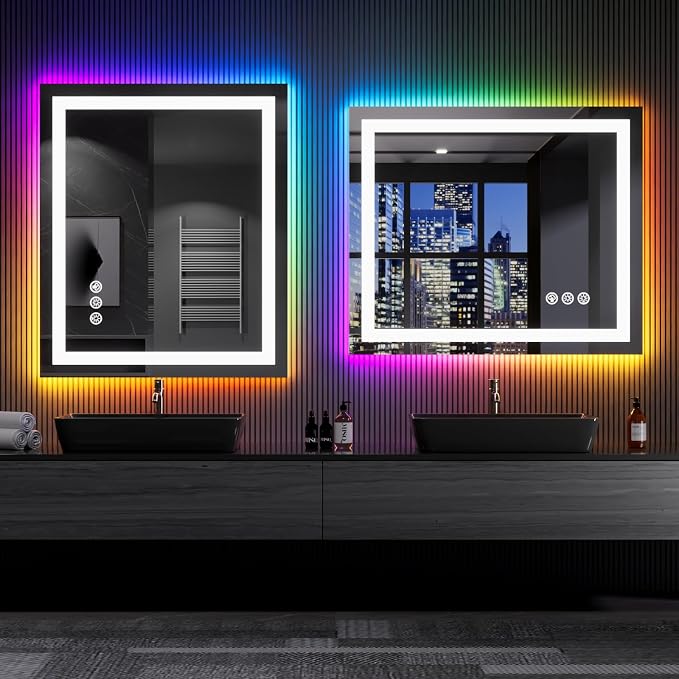 LOAAO 30"X36" RGB LED Bathroom Mirror with Lights, UL Listed | Anti-Fog, Dimmable, RGB Backlit + Front Lighted, Memory Function, Tempered Glass