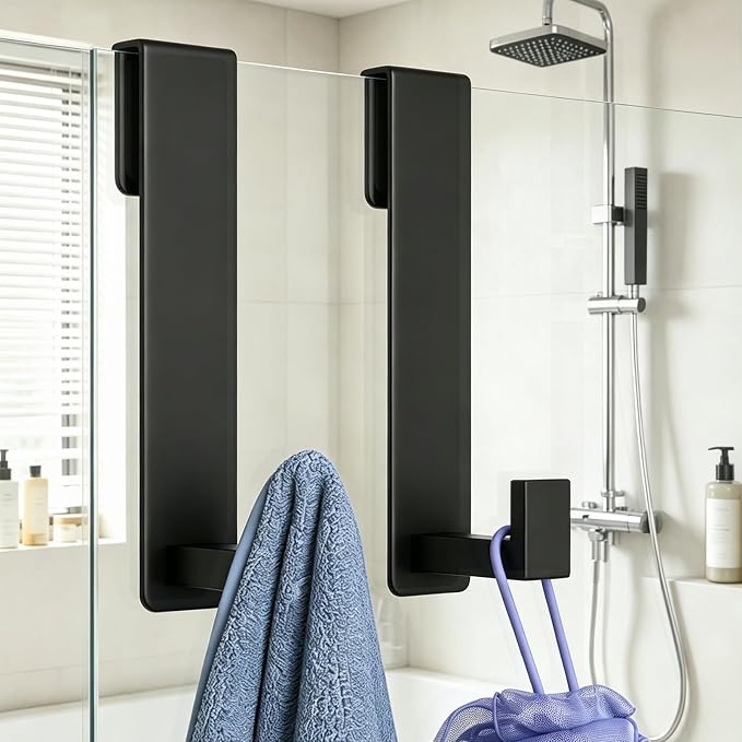 HUFEEOH 2-Pack Shower Towel Hooks, Stainless Steel 7.5-Inch Extended Over Door Hooks for Frameless Glass Shower Door, Heavy Duty Towel Rack for Bathroom, Holds Robes & Towels, Black