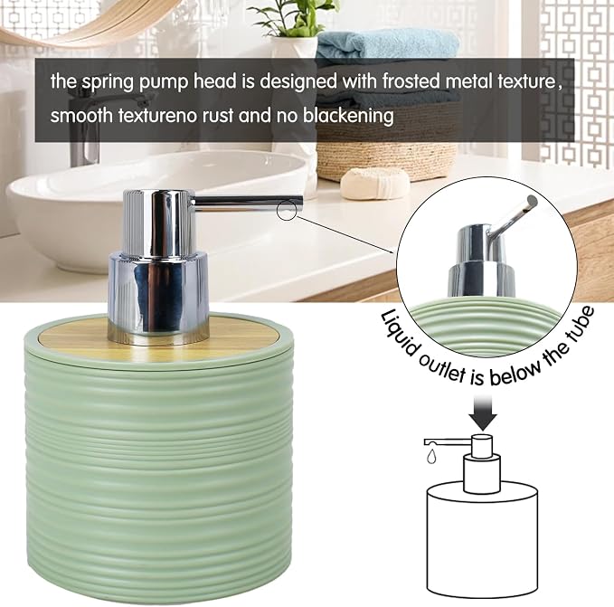 CERBIOR Bamboo Bathroom Accessories Set 6 Piece Spiral Bath Ensemble,Green | Includes Soap Dispenser, Toothbrush Holder, Toothbrush Cup, Soap Dish for Decorative Countertop and Housewarming Gift