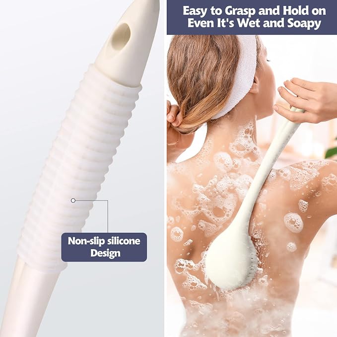 BEDELITE Back Scrubber for Shower, Long Handle 16.4 Inches, Ivory, 1 Pack | Soft Back Brush for Shower, Exfoliating Scrubber, Non-Slip Curved Long Handle Bath Brush, Wet or Dry Use for Back Cleaning