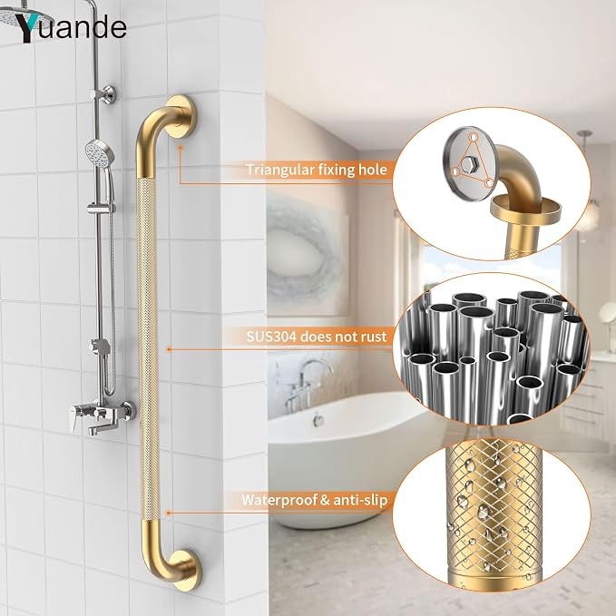 32 Inch Brushed Gold Shower Grab Bar with Anti-Slip Knurled Grip,YuanDe Stainless Steel Bathroom Grab Bars，Shower Handrail Support, Handicap Elderly Balance Assist Handles