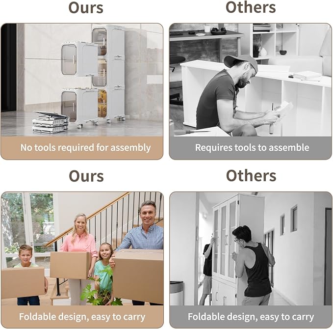 3 Tier Slim Bathroom Storage Cabinet, Foldable and Movable, White | Tools Free, ABS and PET, Magnetic Clear Door, Adjustable Shelves, Lockable Wheels, Water Resistant, For Narrow Space
