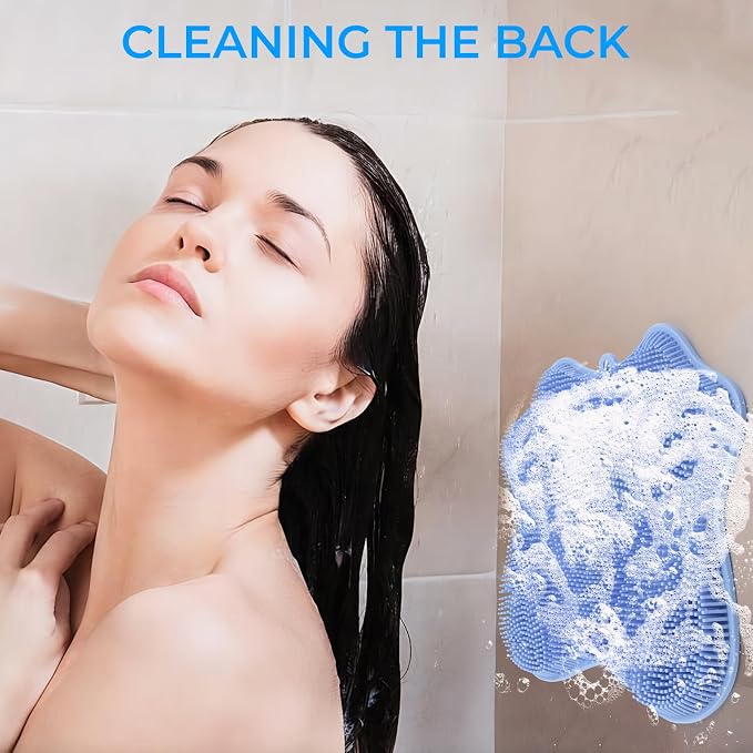 Silicone Foot Scrubber Mat for Shower Bath Foot and Back, Shower Feet Brush Pad with Wall-Mounted Suction Cups (Blue)