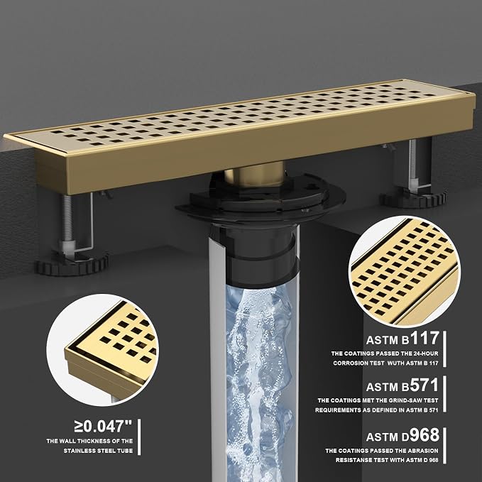 Linear Shower Drain | 12 Inch AISI 304 Stainless Steel Shower Drain, Brushed Gold Linear Drain with Removable Quadrato Grate Cover & Adjustable Feet, Rectangle Floor Drain, in Bathroom Balcony etc