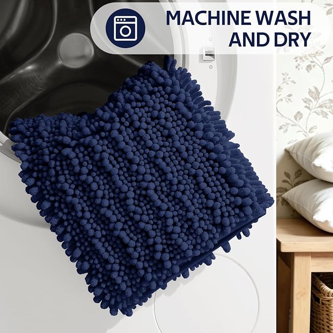 ACCUMTEK Upgrade Extra Large Navy Blue Bathroom Rug Set 3 Pieces Ultra Soft, Thick Absorbent Bath Mats, Non Slip Chenille Toilet Mat for Bathroom, Bedroom, Kitchen