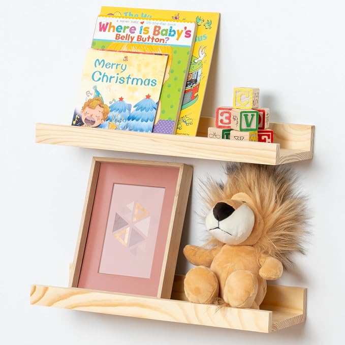 Picture Ledge Shelf for Wall, 16 inch Solid Pine Wood Nursery Book Shelves 2 Packs, Floating Ledge Shelves for Kids' Room Bedroom Bathroom Living Room Photo Frames Office Nursey Wall Decor, Natural