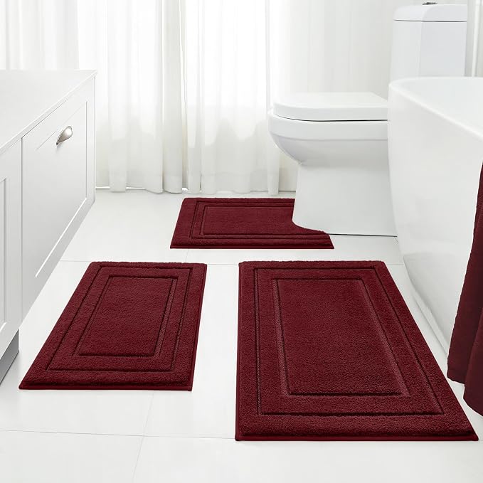 HOMEIDEAS Burgundy Red Bath Rugs Set of 3, Non Slip Bath Mats | Super Absorbent, Plush Microfiber, Machine Washable, Stain Resistant, Easy Care, Perfect for Modern Bathroom Decor
