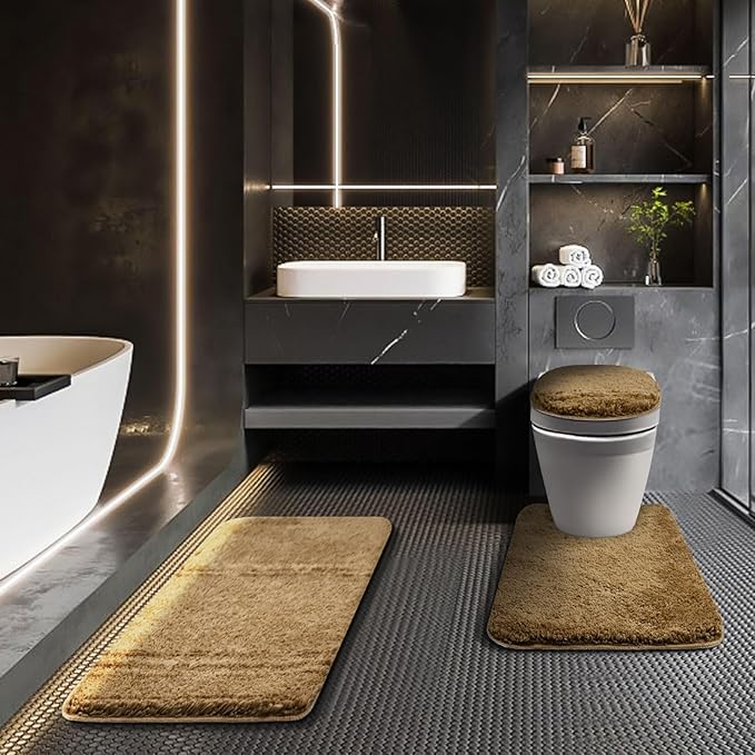 Bathroom Rugs Sets 3 Piece with Toilet Seat Cover 17.5"x 15" | Machine Washable Bath Rug Set with Tpr Non Slip Rubber Backing Solid Bath Mat Set for Luxury Bathroom Decoration