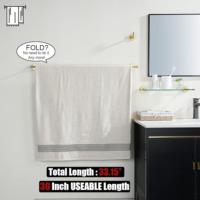 JQK Gold Towel Bar, 33 Inch 304 Stainless Steel Thicken 0.8mm Towel Rack Bathroom, Towel Holder Brushed Golden Wall Mount, Useable Length 30 Inch, TB110L30-BG