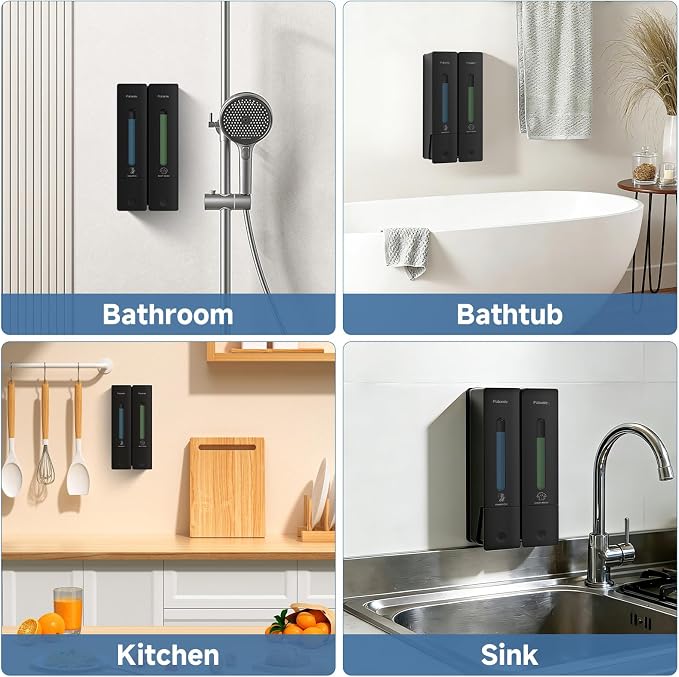 Shampoo Dispenser for Shower - Shower Soap Dispenser Wall Mounted No Drill - Shampoo Body Wash Dispenser 2 Chamber - Easy Install for Bathroom Hotel Black 800ml