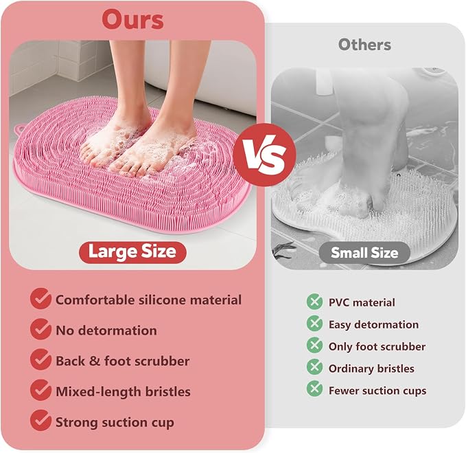 21"×14" Large Shower Foot Scrubber Mat, Silicone Feet/Back Exfoliating Cleaner with Suction Cups, Foot Massage Bath Pad for Dead Skin Removal, No Bending Over Soft Bristle Bath Mat