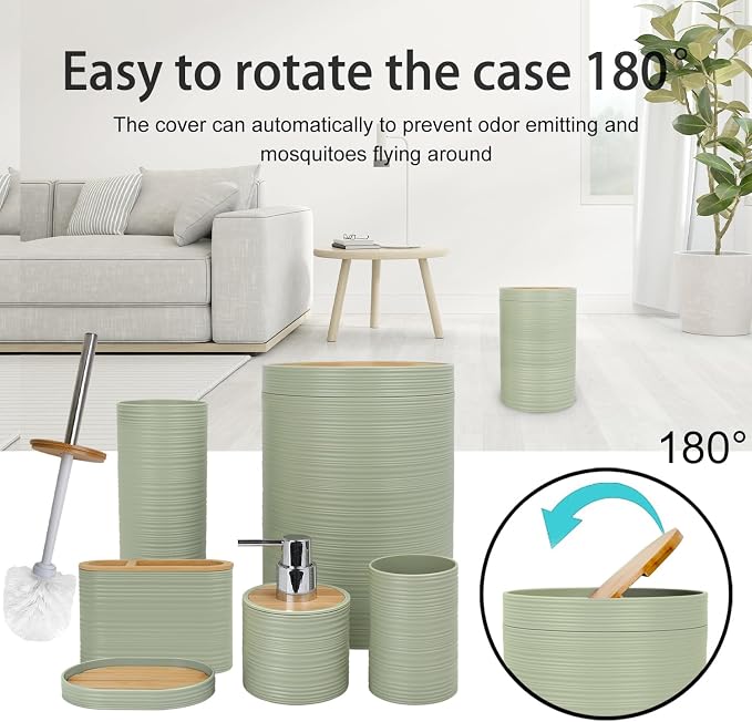 CERBIOR Bamboo Bathroom Accessories Set 6 Piece Spiral Bath Ensemble,Green | Includes Soap Dispenser, Toothbrush Holder, Toothbrush Cup, Soap Dish for Decorative Countertop and Housewarming Gift