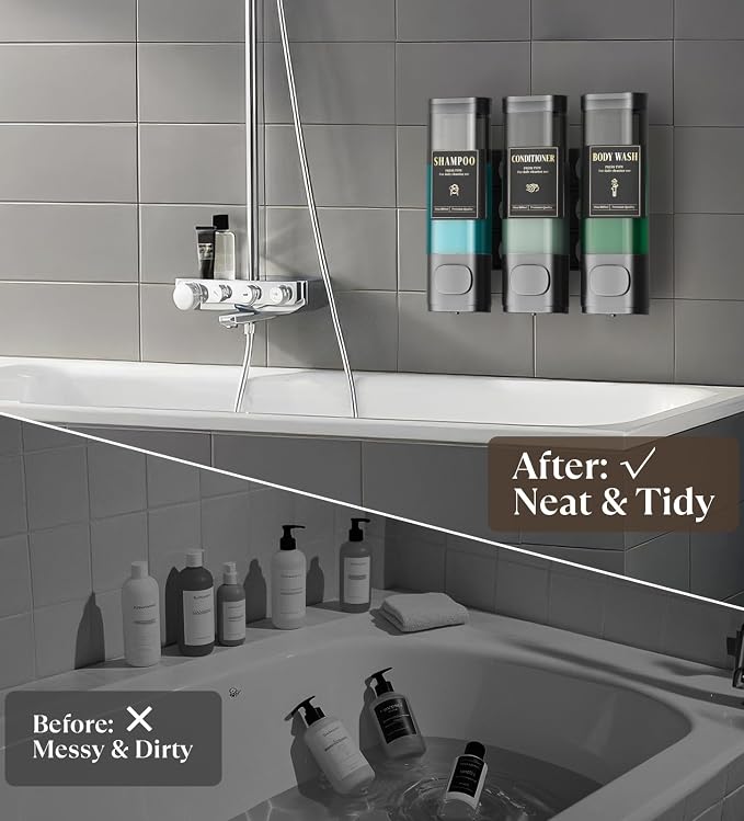 Luxspire Shampoo and Conditioner Dispenser, Shower Soap Dispenser 3-Chamber | Lockable Large Capacity 900ml No-Drill Wall-Mounted Shampoo and Body Wash Dispenser for Bathroom Hotel Kitchen Airbnb
