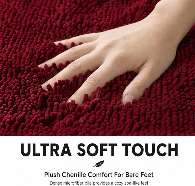 Bathroom Rugs Sets 2 Piece,Super Absorbent Soft,Thick,Machine Washable Chenille Bath Mat,Non Slip Toilet Floor Rug,Bath Mats for Bathroom,20x32 Plus 20x20 U Shape,Burgundy