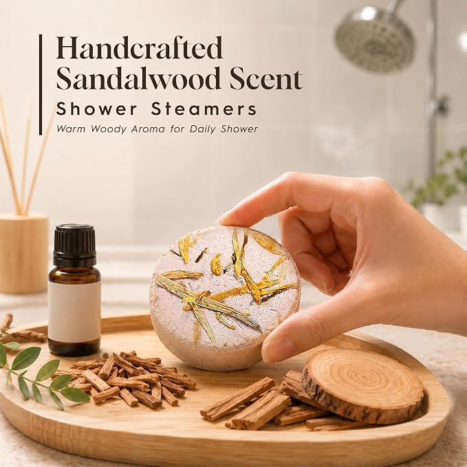 SWCANDY Sandalwood Shower Steamers 8 Pack, Home Spa Self Care | Warm woody aromatherapy with natural essential oils, unisex shower gift for women, men, wife & husband.