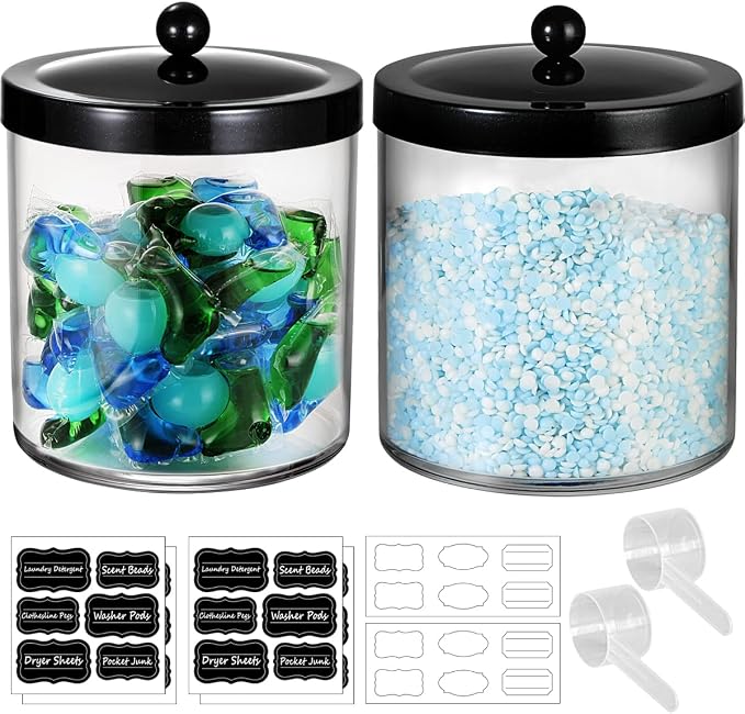 2 Pack 50 Oz Large Plastic Apothecary Jar with Black Stainless Steel Lid - Shatterproof Laundry Pods Container - Modern Industrial Bathroom & Kitchen Storage Organizer for Scent Beads, Bath Bombs