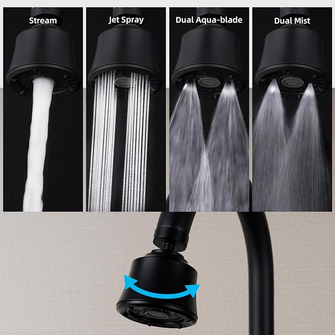 iFealClear Kitchen Sink Faucet Head with Metal Ball Joint, 360° Swivel Faucet Sprayer Head, Big Angle Faucet Aerator Adapter 55/64-27UNS Female Thread, 4 Spray Modes, Extra Metal Adapters, Matte Black