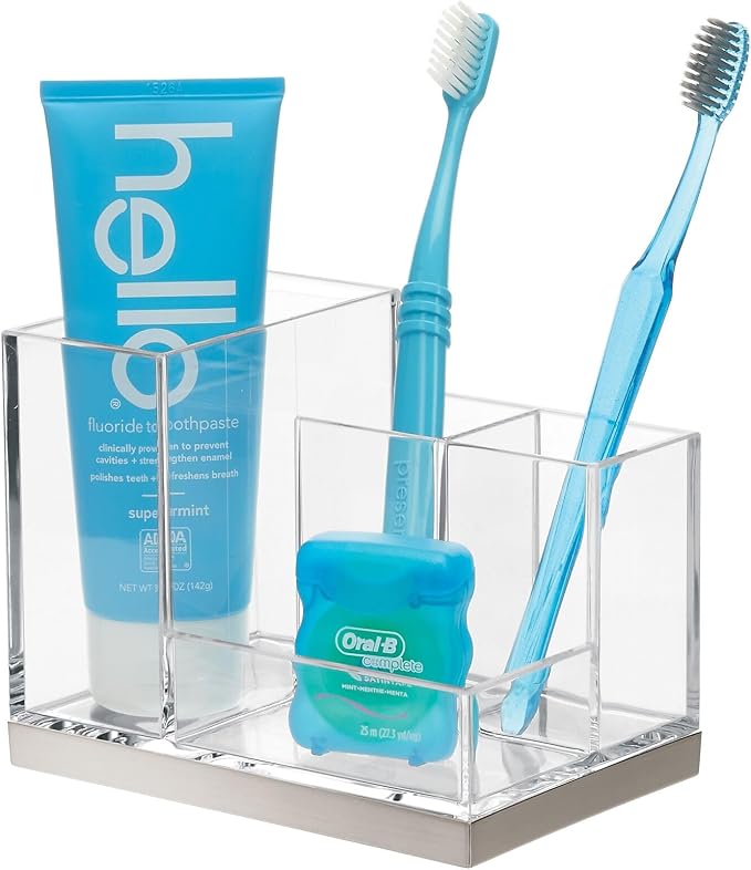 mDesign Plated Toothbrush and Toothpaste Holder, Storage Organizer Stand with 4 Compartments for Bathroom Countertop, Holders for Electric Toothbrush, Toothpaste, Hyde Collection, Clear/Brushed Chrome