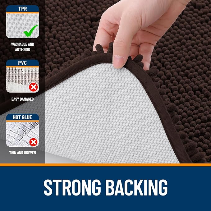 OLANLY Chenille Bathroom Rugs Mats Sets 2 Piece, 47"x20"+24"x20", Brown | Soft Absorbent Bath Mat and U-Shaped Contour Toilet Rug Set, Quick Dry, Machine Washable Bath Carpet, Home Decor Accessories