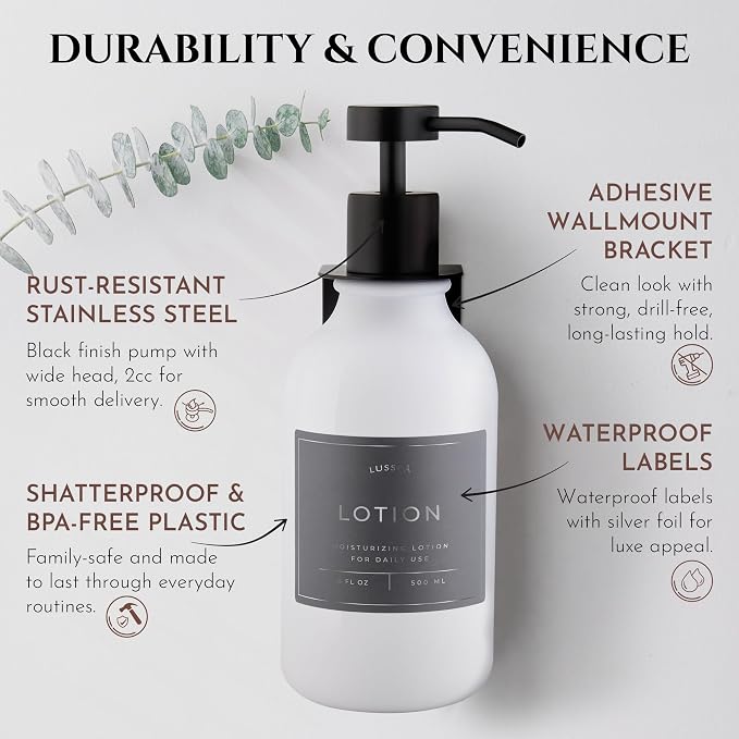 Shower Shampoo Dispenser Wall Mounted – 3 Refillable 16.9 oz White Bottles with Stainless Steel Pumps & No-Drill Adhesive Holders – Soap Dispenser Set for Bathroom (3 X White/Black)