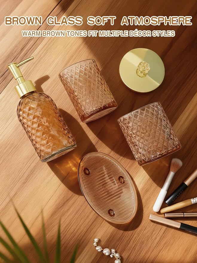 Haturi Glass Bathroom Accessories Set, Amber Brown Bathroom Set, 4 Pcs | Kit w/ Bathroom Soap Dispenser Set, Toothbrush Holder, Qtip Holder, Soap Dish, Brown Bathroom Decor, Gift for Home Apartment