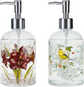 Topadorn Hand and Dish Soap Dispenser Set, 2 Pack 17oz Glass Soap Dispensers with Pump, Refillable Kitchen Soap Bottles, Vintage Floral & Goldfinch Bathroom Counter Decor