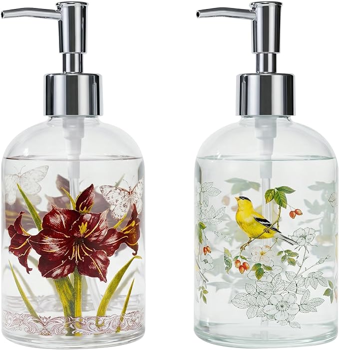 Topadorn Hand and Dish Soap Dispenser Set, 2 Pack 17oz Glass Soap Dispensers with Pump, Refillable Kitchen Soap Bottles, Vintage Floral & Goldfinch Bathroom Counter Decor